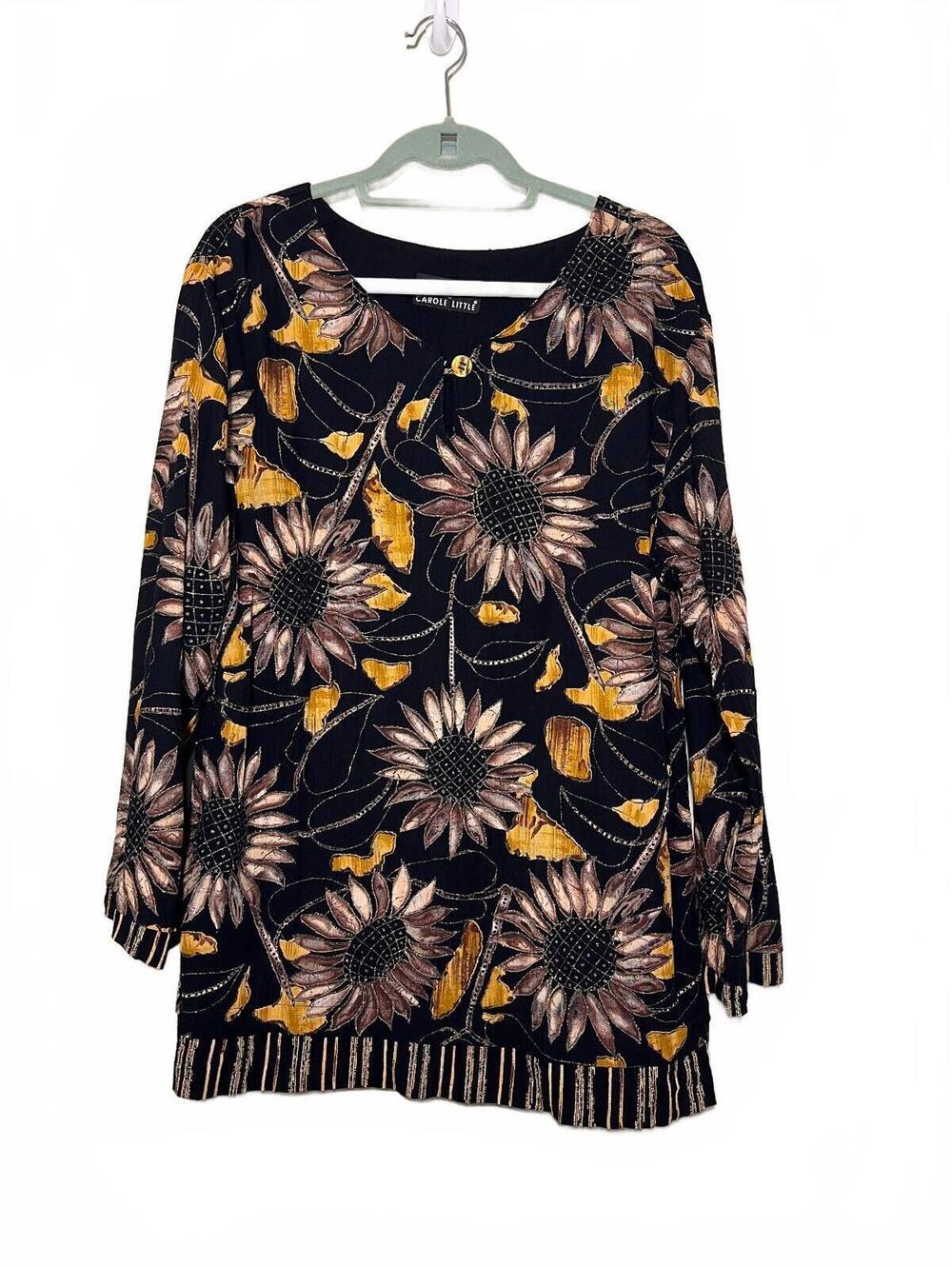 Carole Little Black Floral Long Sleeve Blouse with Button Detail XL